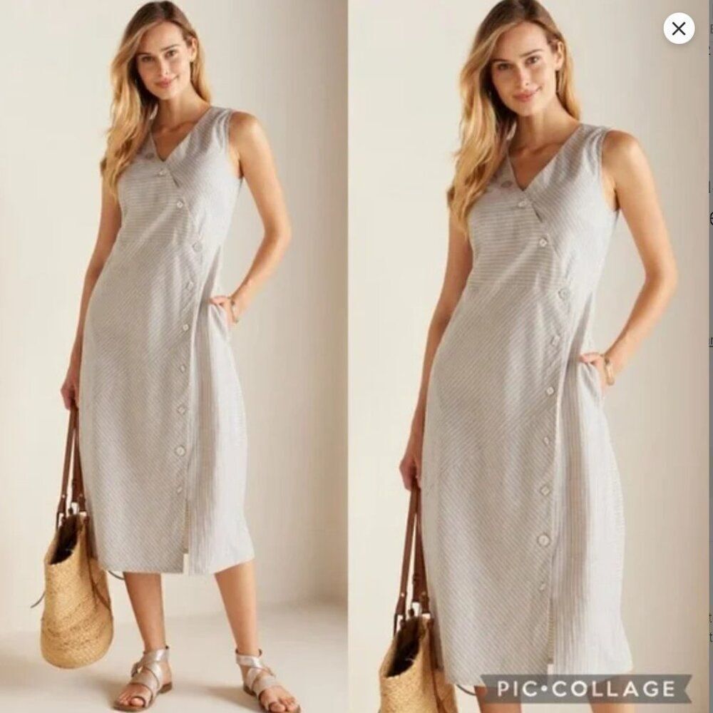 NWT Soft Surroundings Chasia Midi Dress size Small Hemp Cotton Striped Tan/White